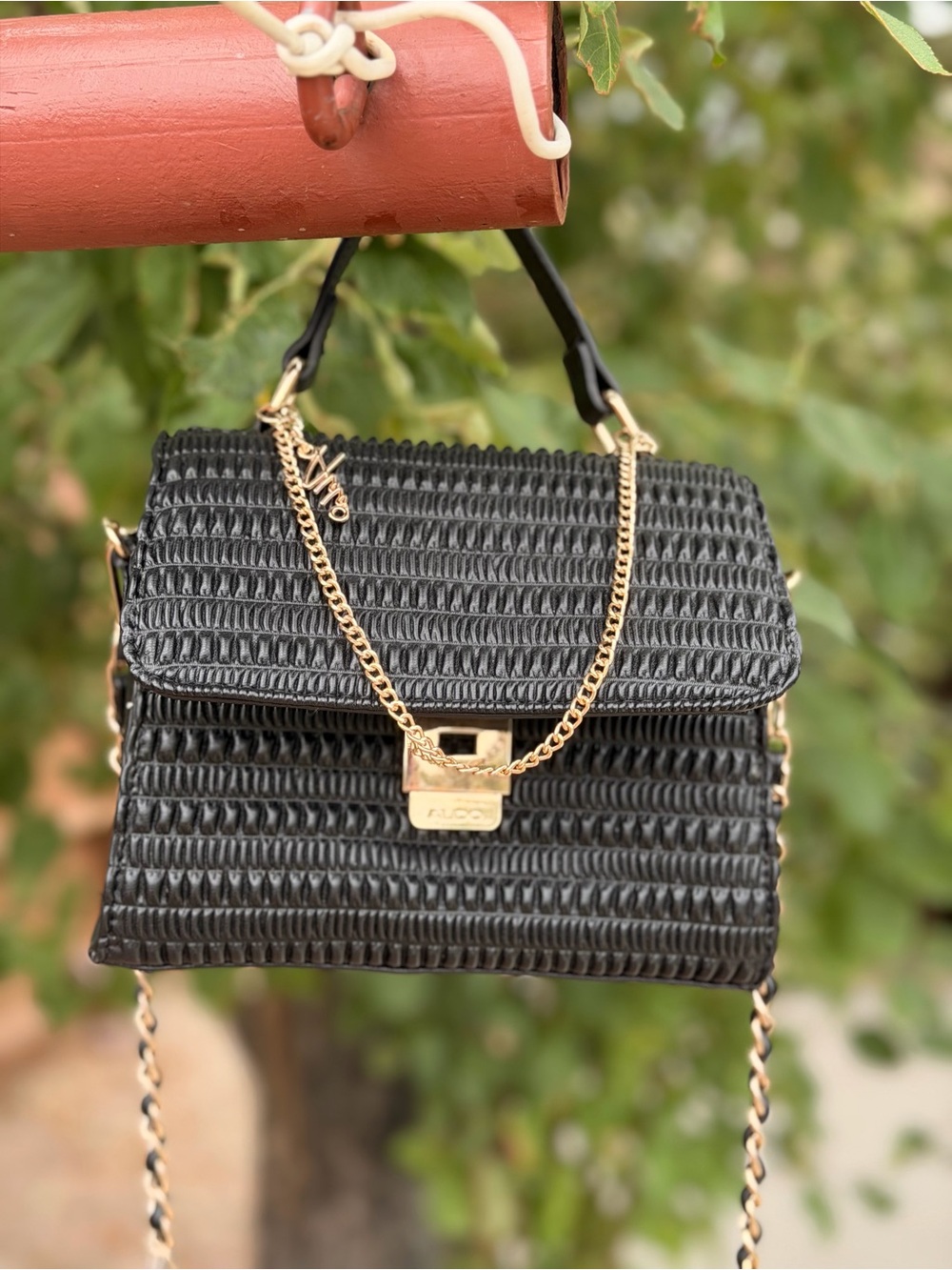 Aldo Black Woven Mini Satchel with Gold Chain
